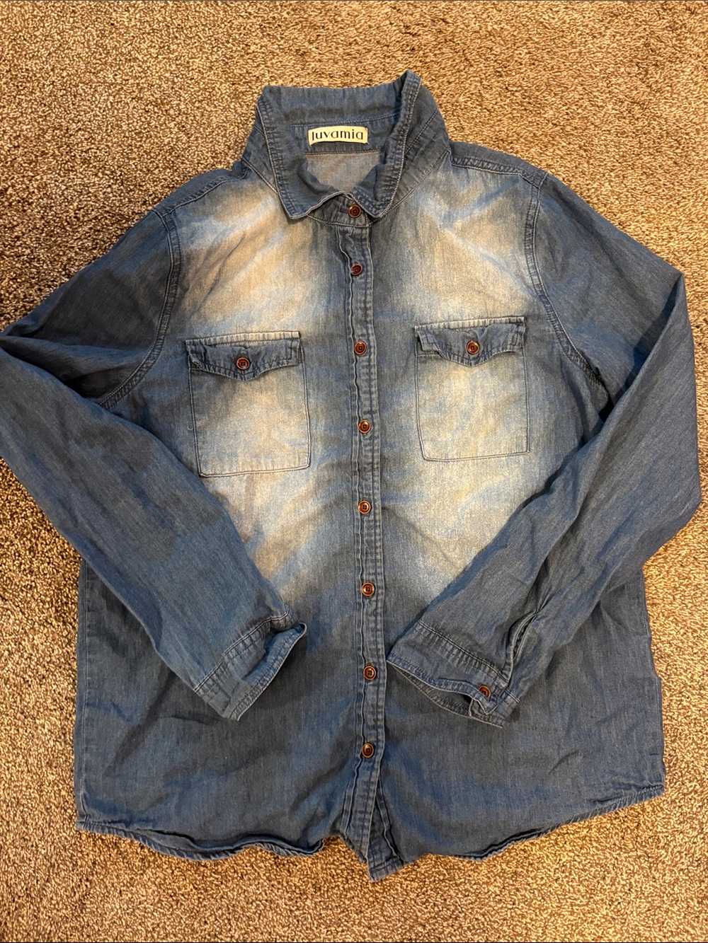 Juvamia Women's Faded Blue Denim Button-Down Shirt